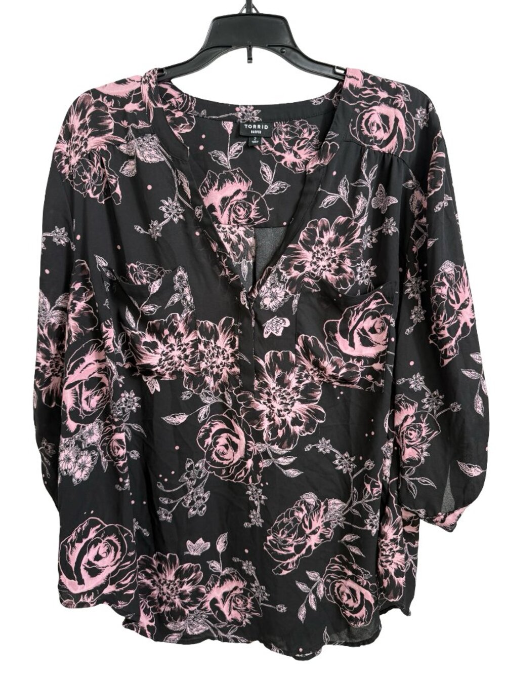 Torrid Harper Top Blouse Size 2 US 2X Black Pink Floral Business Casual